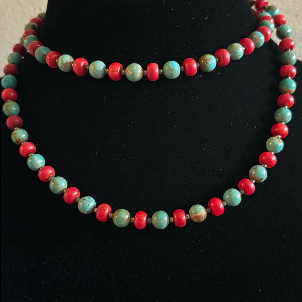 Genuine coral and genuine Turquoise Beaded Necklace